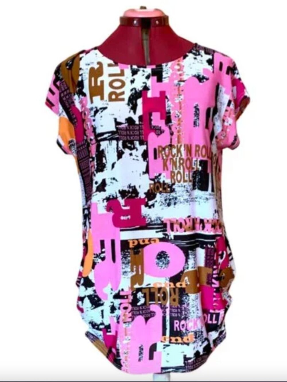 LOBO / Pink B&W - Graphic Print Women's Top Tunic short sleeves/ Large